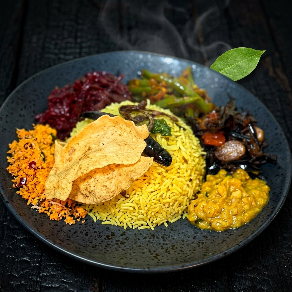Sri Lankan rice and curry plate